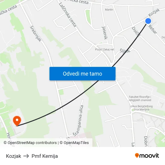 Kozjak to Pmf Kemija map