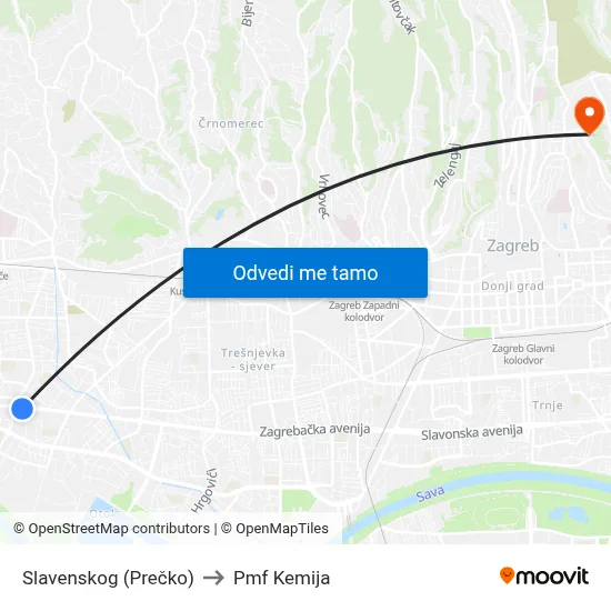 Slavenskog (Prečko) to Pmf Kemija map
