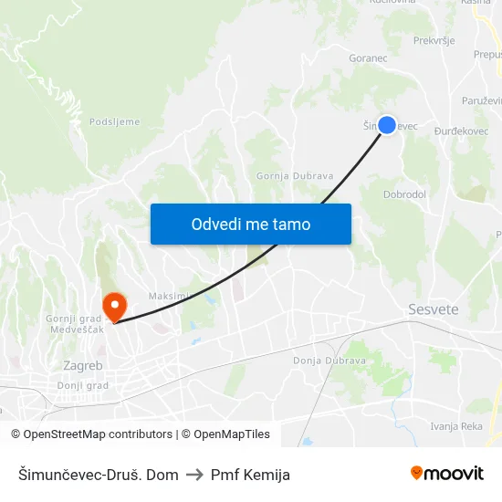 Šimunčevec-Druš. Dom to Pmf Kemija map