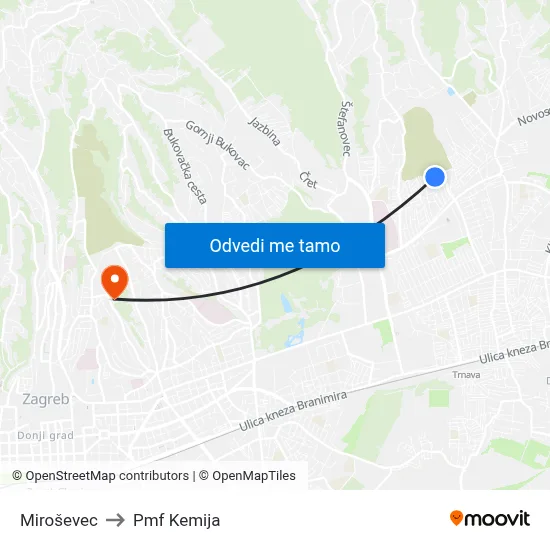 Miroševec to Pmf Kemija map