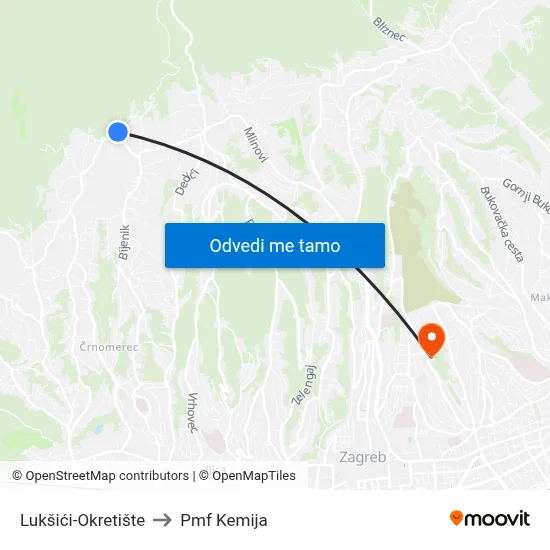 Lukšići-Okretište to Pmf Kemija map