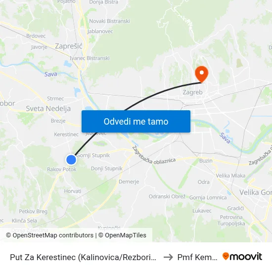 Put Za Kerestinec (Kalinovica/Rezborišće) to Pmf Kemija map