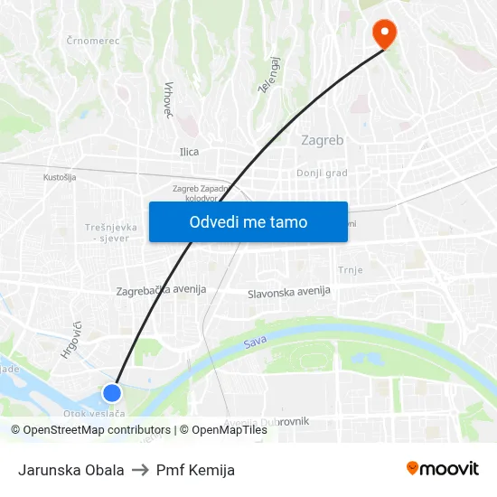 Jarunska Obala to Pmf Kemija map