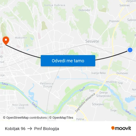 Kobiljak 96 to Pmf Biologija map