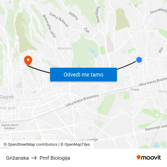 Grižanska to Pmf Biologija map
