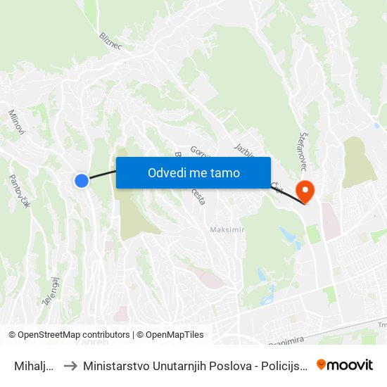 Mihaljevac to Ministarstvo Unutarnjih Poslova - Policijska Akademija map