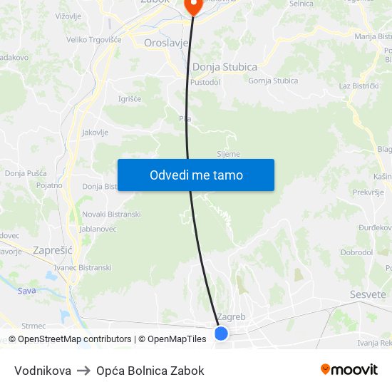 Vodnikova to Opća Bolnica Zabok map