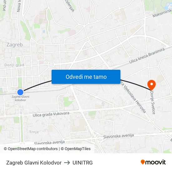 Zagreb Glavni Kolodvor to UINITRG map