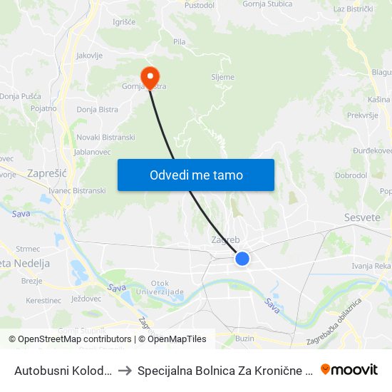 Autobusni Kolodvor Zagreb to Specijalna Bolnica Za Kronične Bolesti Dječje Dobi map