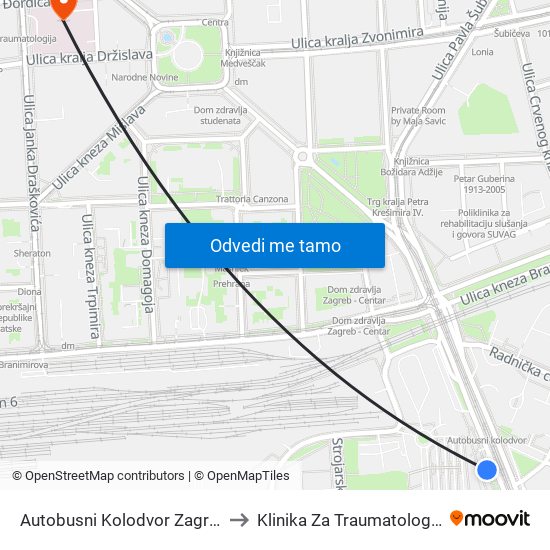 Autobusni Kolodvor Zagreb to Klinika Za Traumatologiju map