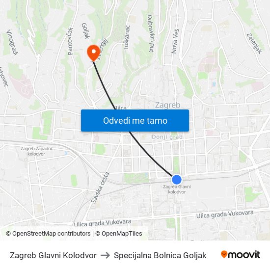 Zagreb Glavni Kolodvor to Specijalna Bolnica Goljak map