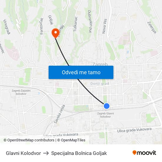 Glavni Kolodvor to Specijalna Bolnica Goljak map