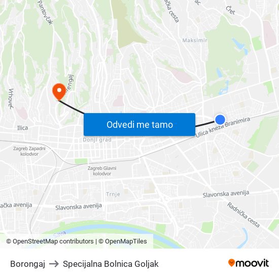 Borongaj to Specijalna Bolnica Goljak map