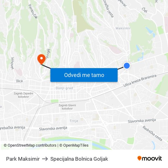 Park Maksimir to Specijalna Bolnica Goljak map