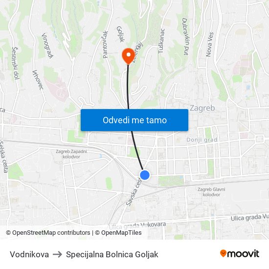 Vodnikova to Specijalna Bolnica Goljak map