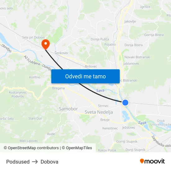 Podsused to Dobova map