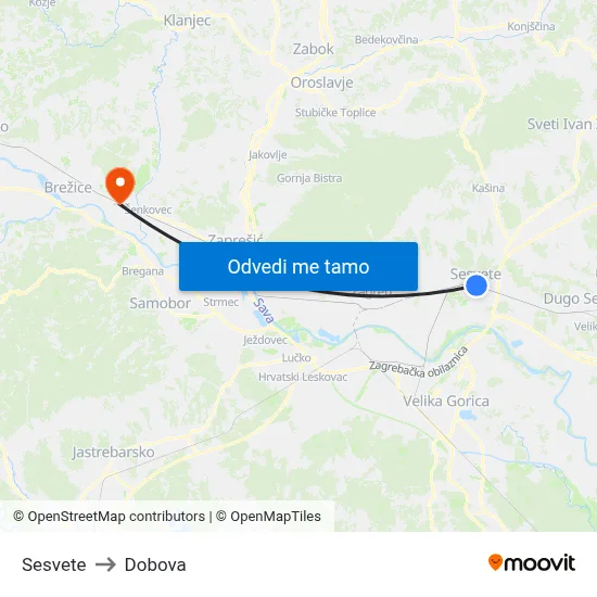 Sesvete to Dobova map