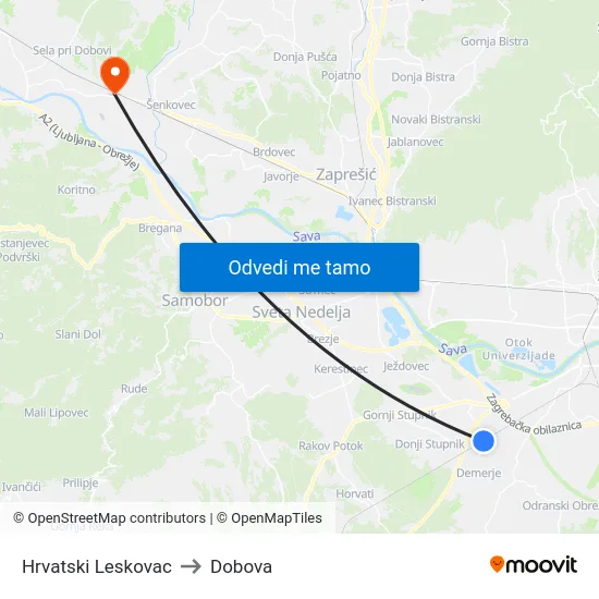 Hrvatski Leskovac to Dobova map