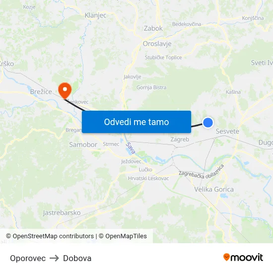 Oporovec to Dobova map