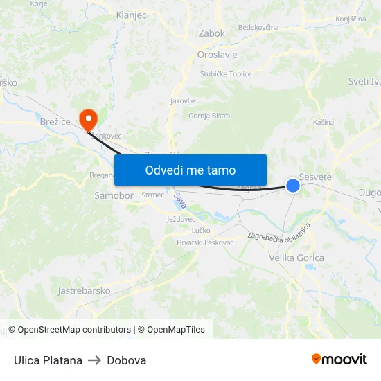 Ulica Platana to Dobova map