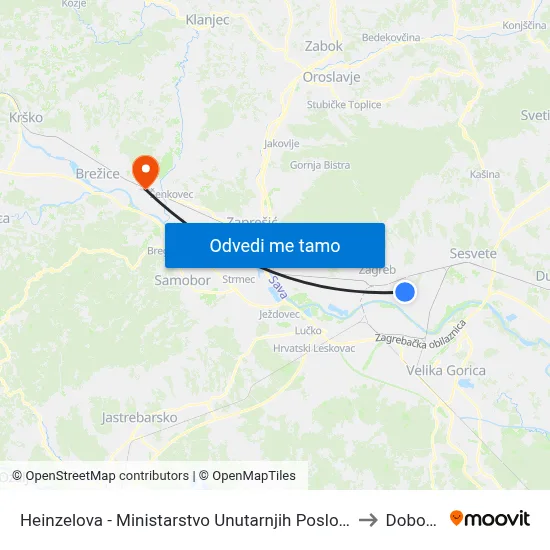 Heinzelova - Ministarstvo Unutarnjih Poslova to Dobova map