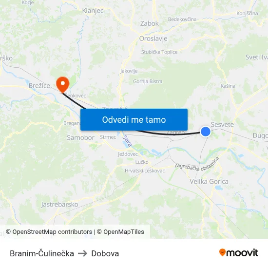 Branim-Čulinečka to Dobova map