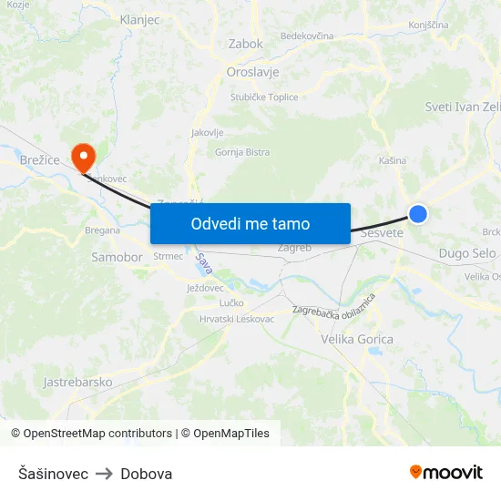 Šašinovec to Dobova map