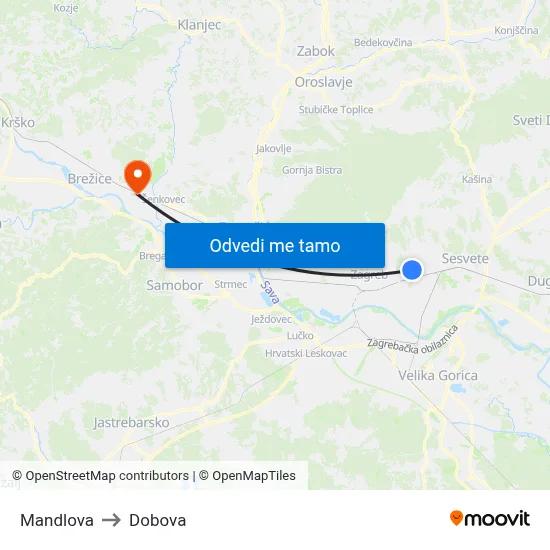 Mandlova to Dobova map