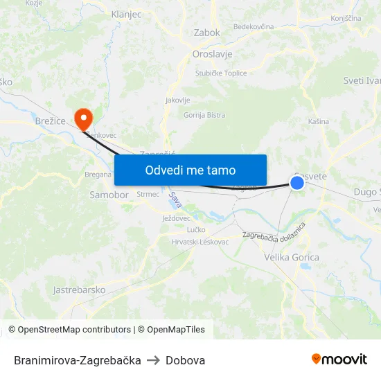 Branimirova-Zagrebačka to Dobova map