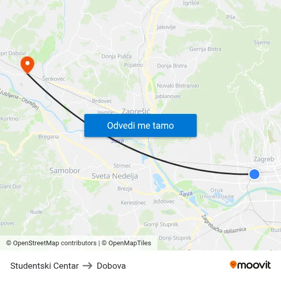 Studentski Centar to Dobova map