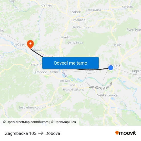 Zagrebačka 103 to Dobova map
