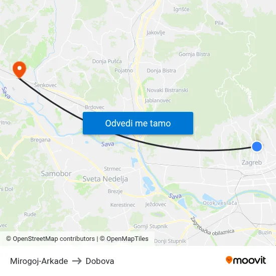 Mirogoj-Arkade to Dobova map