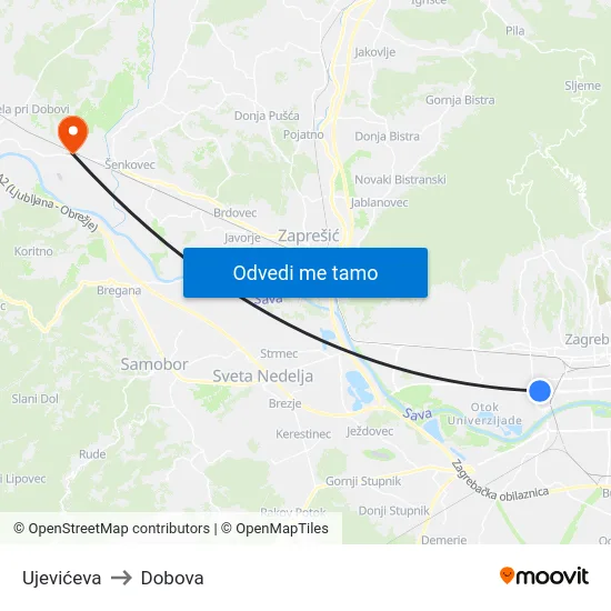 Ujevićeva to Dobova map