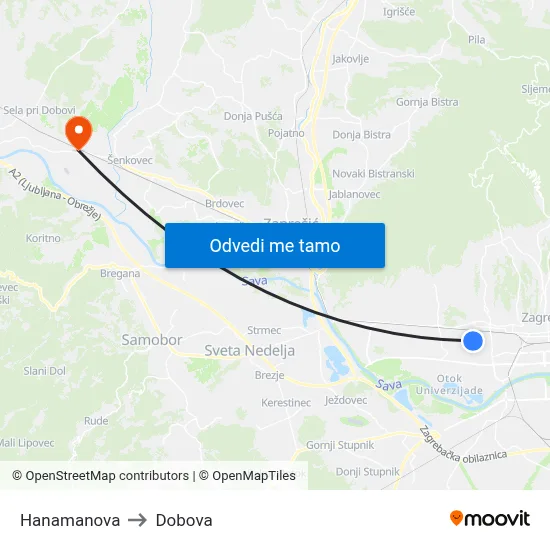 Hanamanova to Dobova map