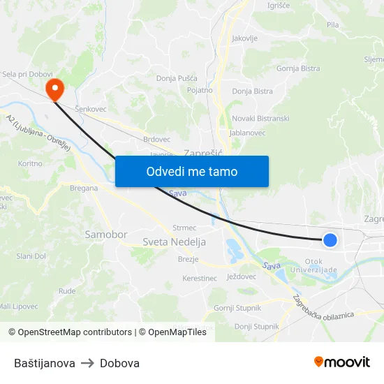 Baštijanova to Dobova map