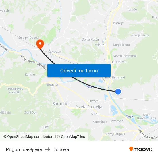 Prigornica-Sjever to Dobova map