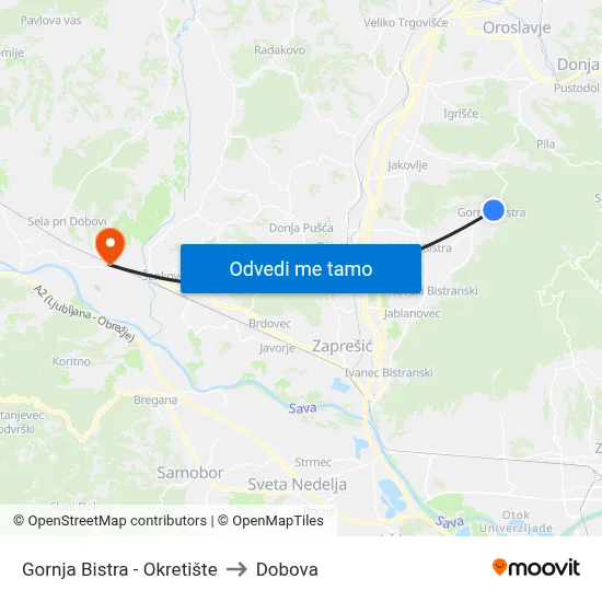 Gornja Bistra - Okretište to Dobova map