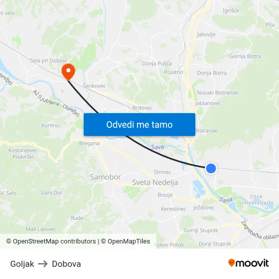 Goljak to Dobova map
