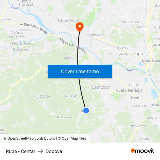 Rude - Centar to Dobova map