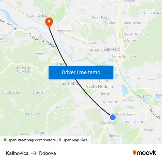 Kalinovica to Dobova map