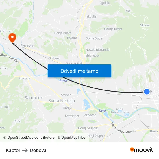 Kaptol to Dobova map