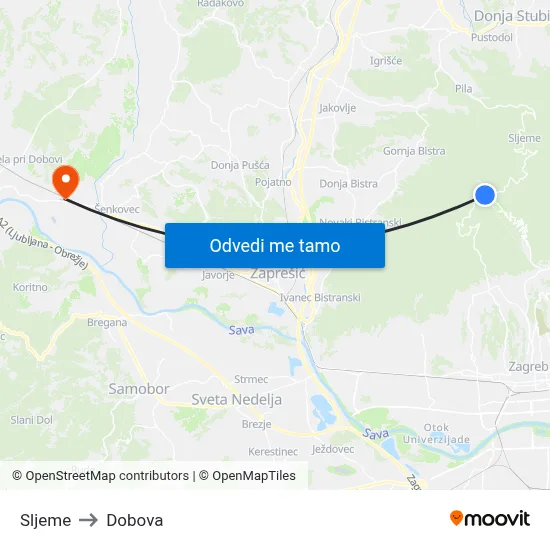 Sljeme to Dobova map