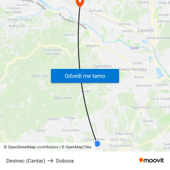Desinec (Centar) to Dobova map