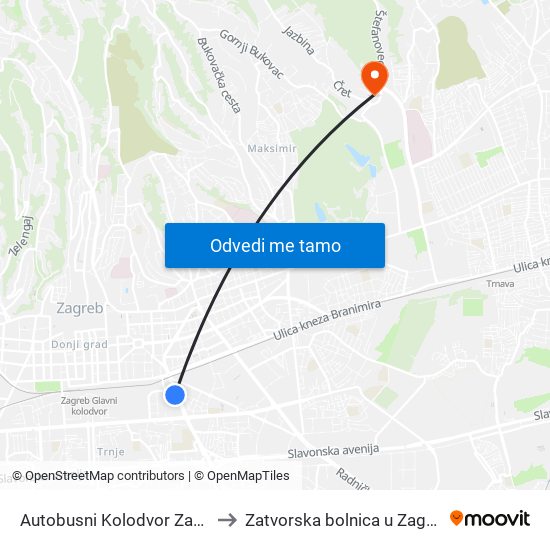 Autobusni Kolodvor Zagreb to Zatvorska bolnica u Zagrebu map