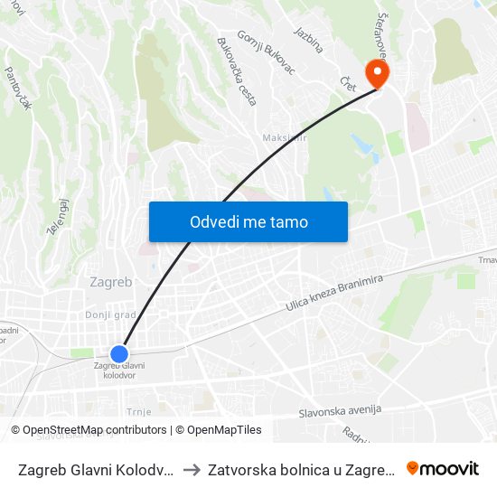 Zagreb Glavni Kolodvor to Zatvorska bolnica u Zagrebu map