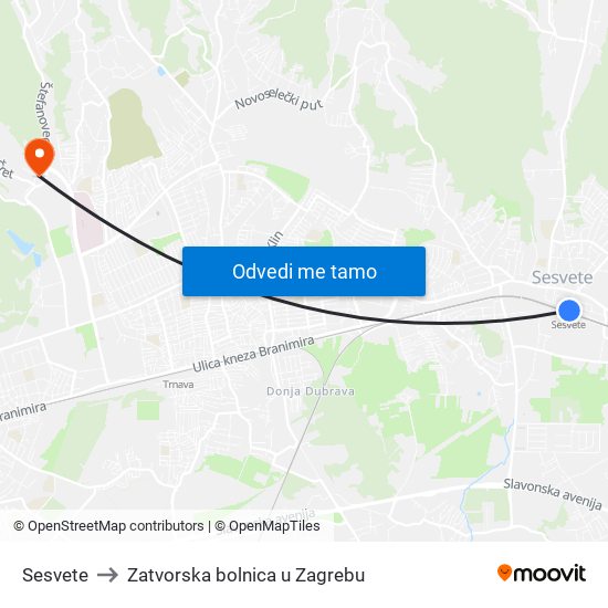 Sesvete to Zatvorska bolnica u Zagrebu map