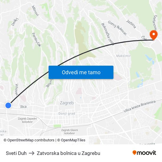 Sveti Duh to Zatvorska bolnica u Zagrebu map