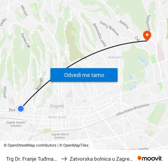 Trg Dr. Franje Tuđmana to Zatvorska bolnica u Zagrebu map