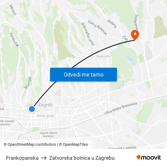 Frankopanska to Zatvorska bolnica u Zagrebu map