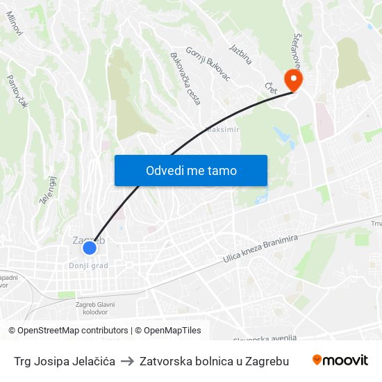 Trg Josipa Jelačića to Zatvorska bolnica u Zagrebu map